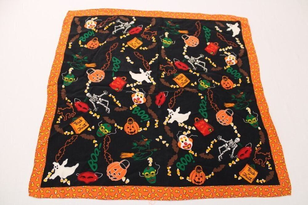 Vintage Halloween Scarf Ghost Witch Skeleton Candy Corn 19.5 x1 9.5 Silk?
